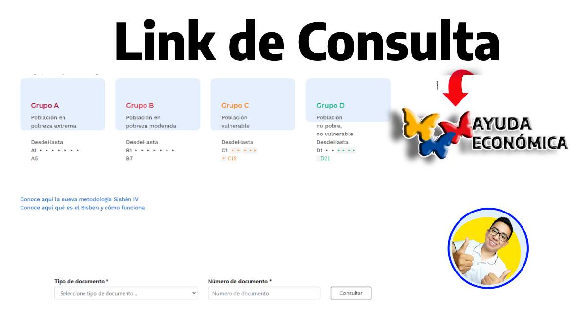 Link de consulta, el logotipo de ayudas económicas y de Wintor ABC, capture de la pagina del sisben iv de consulta