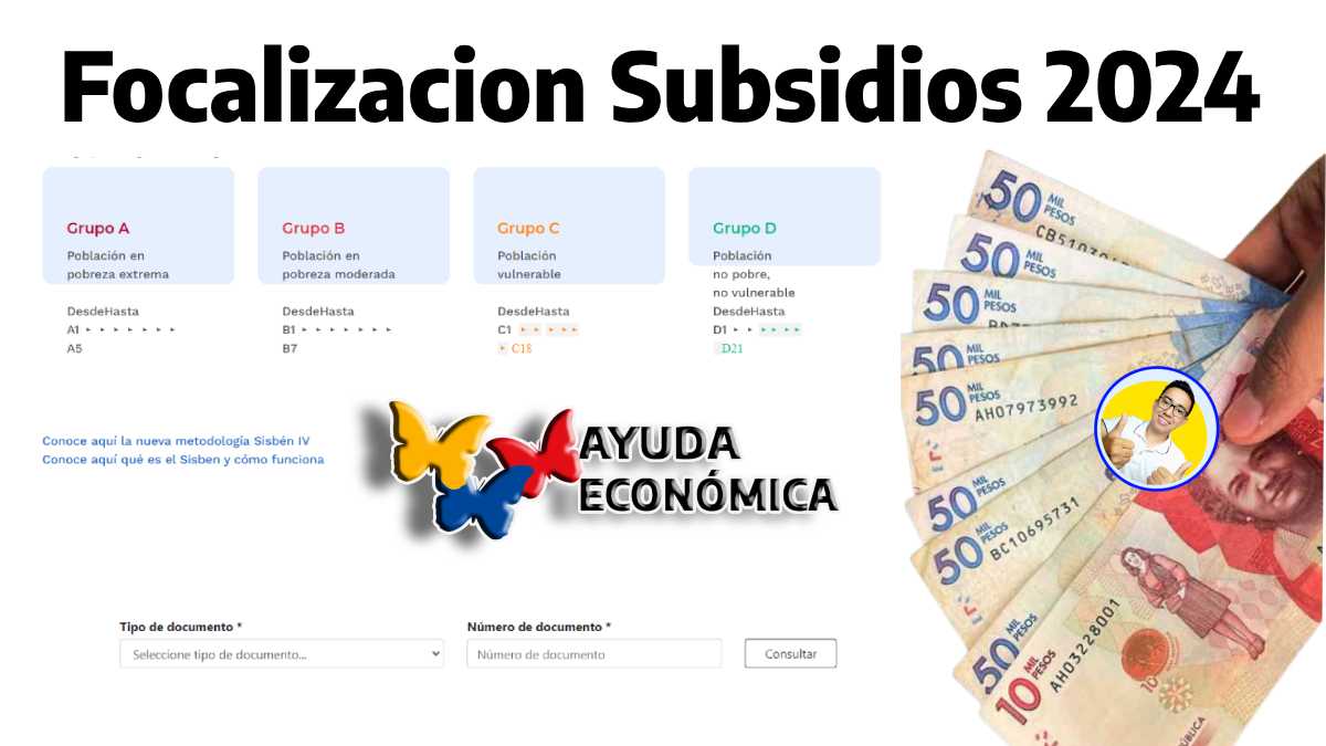 Focalización subsidios 2024, capture de los grupos del sisben y formulación de consulta, logotipo de ayudas económicas y Wintor ABC, una mano sosteniendo billetes de denominación en pesos colombianos