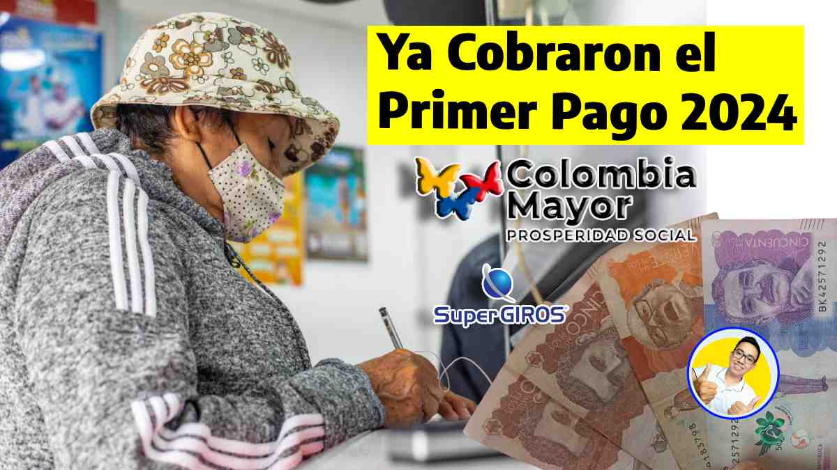 Imagen de una mujer adulta firmando, ya cobraron el primer pago 2024, los logotipos de colombia mayor, supergiros y wintor ABC, ochenta mil pesos colombianos
