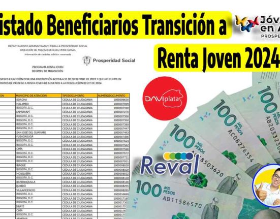 capture 1er Listado Beneficiarios Transición a Renta Joven 2024, billetes de cien mil pesos colombianos, los logotipos de Jóvenes en Acción, Daviplata, Reval y Wintor ABC