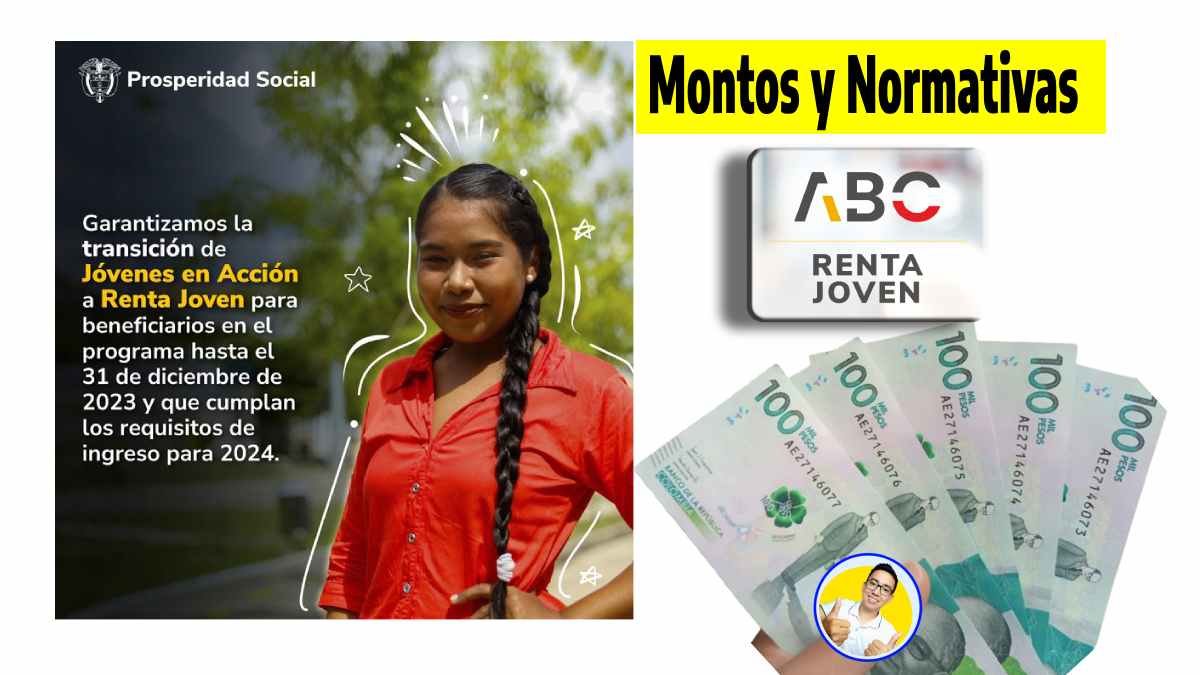 imagen con informacion de prosperidad social, las palabras montos y normativas logotipo ABC Renta Joven y Winto ABC, billetes denominación pesos colombianos