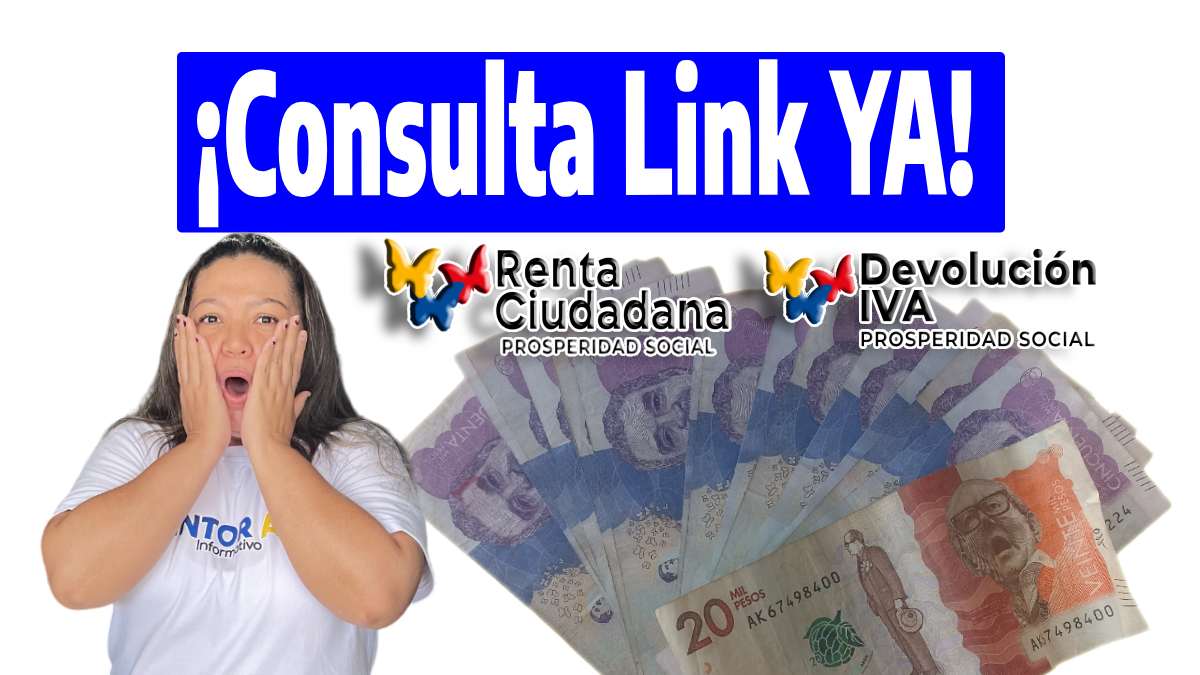 ¡Consulta Link YA! Foto de Jully Torres del equipo de Wintor ABC asombrada, billetes en pesos colombianos y los logos de Renta Ciudadana y Devolución de IVA