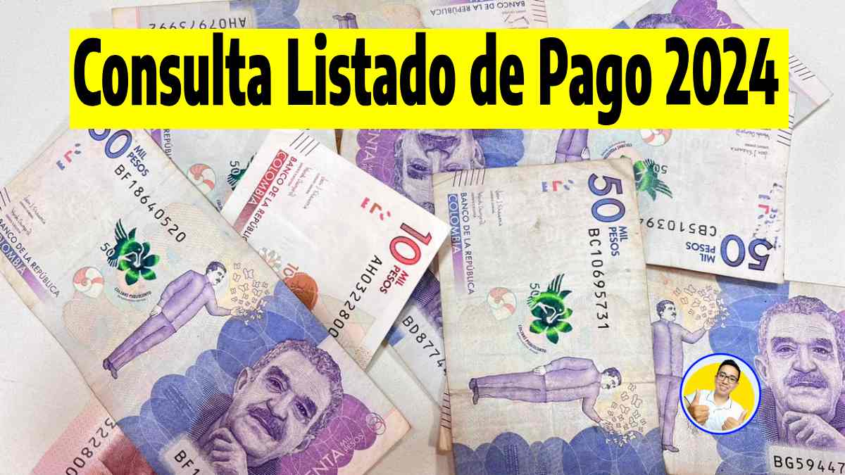imagen de fondo billetes denominación pesos colombianos y las palabras consulta listado de pago 2024 y el logo de Wintor ABC