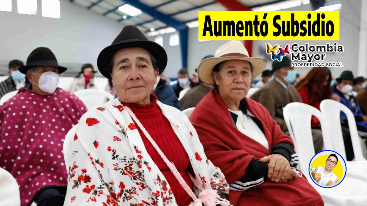imagen de abuelos sentados en palabras aumentó el subsidio y logotipos de colombia mayor y Wintor ABC