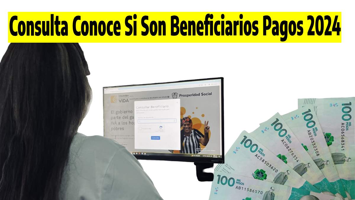Consulta conocen si son beneficiarios pagos 2024, Jully torres de el equipo de Wintor ABC de espalda mostrando en pantalla de el pc como realizar la consulta con su cc y billetes de cien mil pesos colombianos.