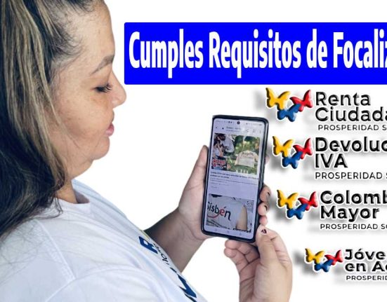 Cumples requisitos de focalización, los logos de programas sociales que beneficia a familias colombianos, la foto de Jully Torres con un celular en las mano mostrando personal de el Sisbén IV realizando en cuesta.