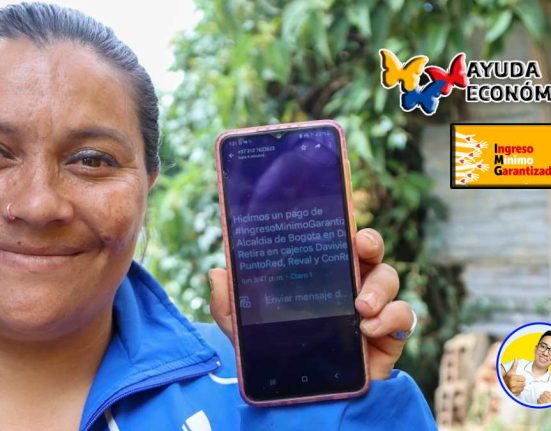 Imagen de fondo mujer con celular en la mano mostrando un mensaje en pantalla, logos de ayudas económicas, Ingreso Mínimo Garantizado y Wintor ABC.
