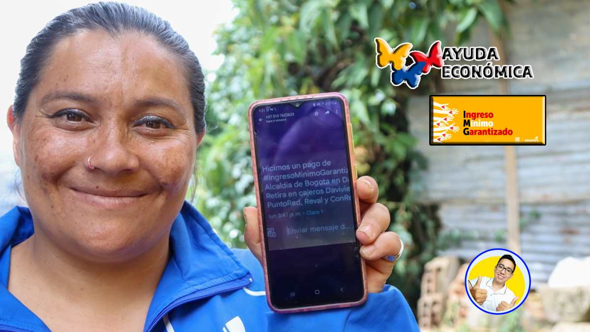 Imagen de fondo mujer con celular en la mano mostrando un mensaje en pantalla, logos de ayudas económicas, Ingreso Mínimo Garantizado y Wintor ABC.