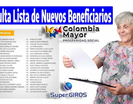 Mujer adulta mirando listado que tiene en las manos, imagen de lista de beneficiarios, en palabras Consulta lista de nuevos beneficiarios, el logo de Colombia Mayor y Supergiros.