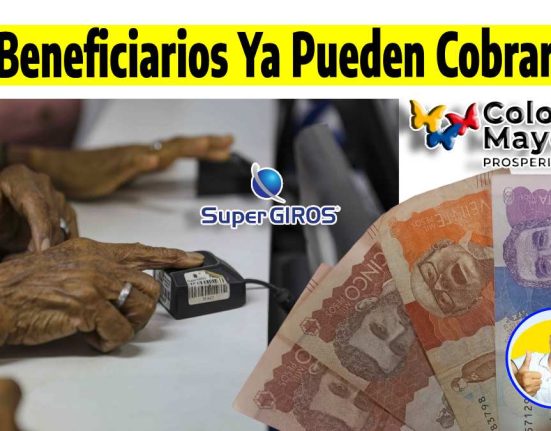 Beneficiarios Ya Pueden Cobrar, imagen de un abuelita en ventanilla en en dactilógrafo, el logo de Renta Ciudadana y Wintor ABC, en billetes ochenta mil pesos colombianos
