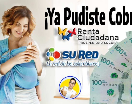 ¡Ya Pudiste Cobrar! Consulta con tu CC, logos de Renta Ciudadana, SURED y Wintor ABC, Mujer con bebe mirando contenta el celular y billetes de cien mil pesos colombianos.