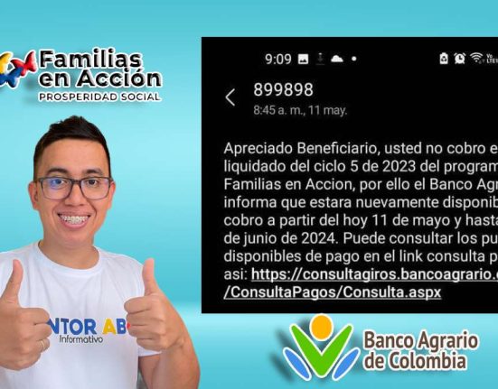 Logo de Familias en acción y banco agrario, imagen de mensaje de texto pagos pendientes 2023, foto de Wintor ABC.