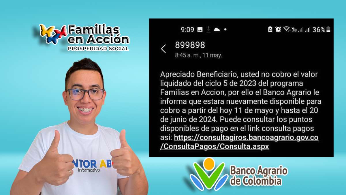 Logo de Familias en acción y banco agrario, imagen de mensaje de texto pagos pendientes 2023, foto de Wintor ABC.