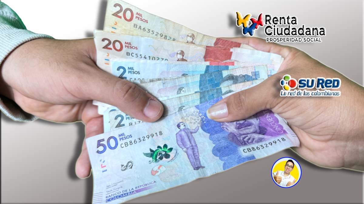 ¡Ya Retiro el 1er Pago 2024! Renta Ciudadana, manos con dinero en pesos colombianos, logos de Renta Ciudadana, SuRED y Wintor ABC.