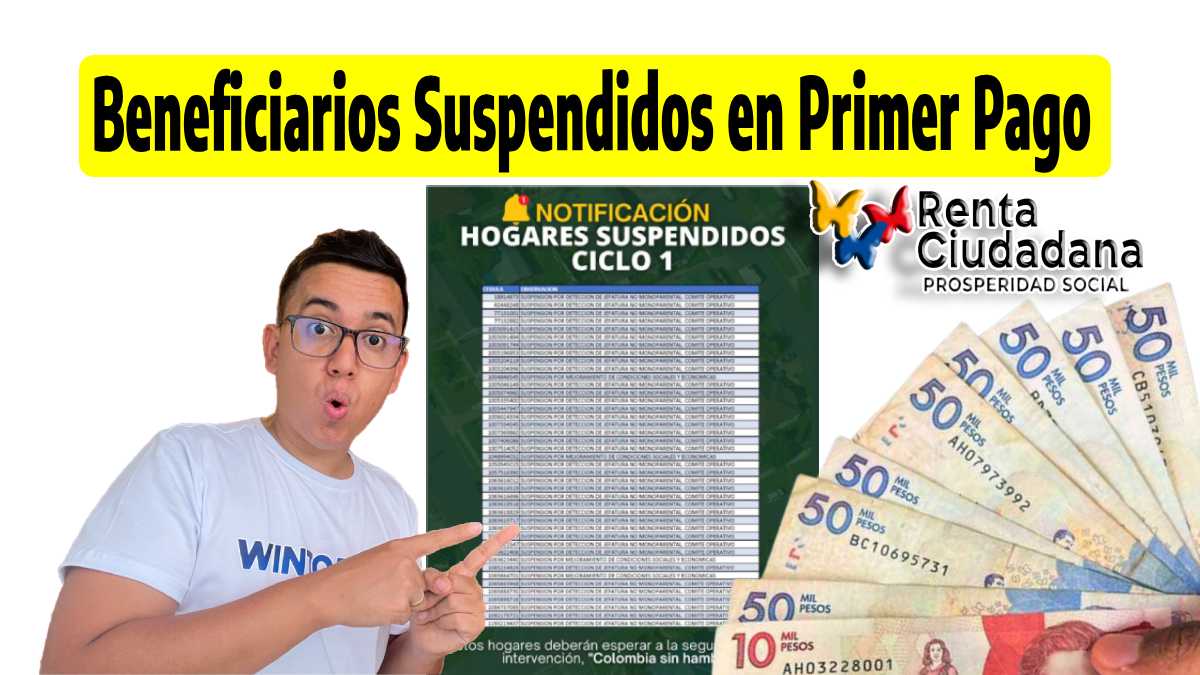 Beneficiarios Suspendidos en Primer Pago, foto de Wintor y de listado publicado, logo de renta ciudadana, billetes de denominación en pesos colombianos.